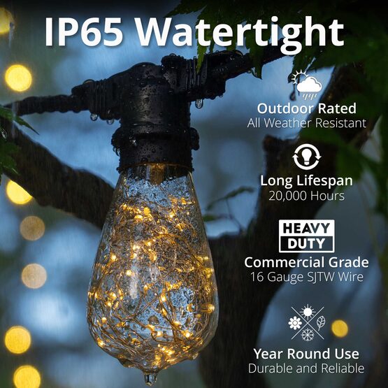 15' Commercial Patio String Light Set, 10 Warm White ST64 LEDimagine TM Fairy Light Bulbs, Black Wire