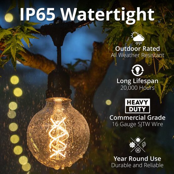 15' Commercial Patio String Light Set, 10 Warm White G95 FlexFilament TM LED Glass Bulbs, Suspended, Black Wire