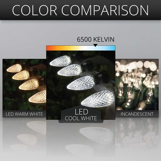 17' C9 LED String Lights, Cool White, Green Wire