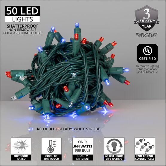 Patriotic Red, White and Blue Outdoor LED String Lights with Flash, 50 ct, 6" Spacing 5MM