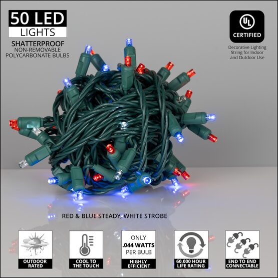 Patriotic Red, White and Blue Outdoor LED String Lights with Flash, 50 ct, 6" Spacing 5MM