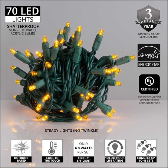 24' Wide Angle LED Mini Lights, Gold, Green Wire