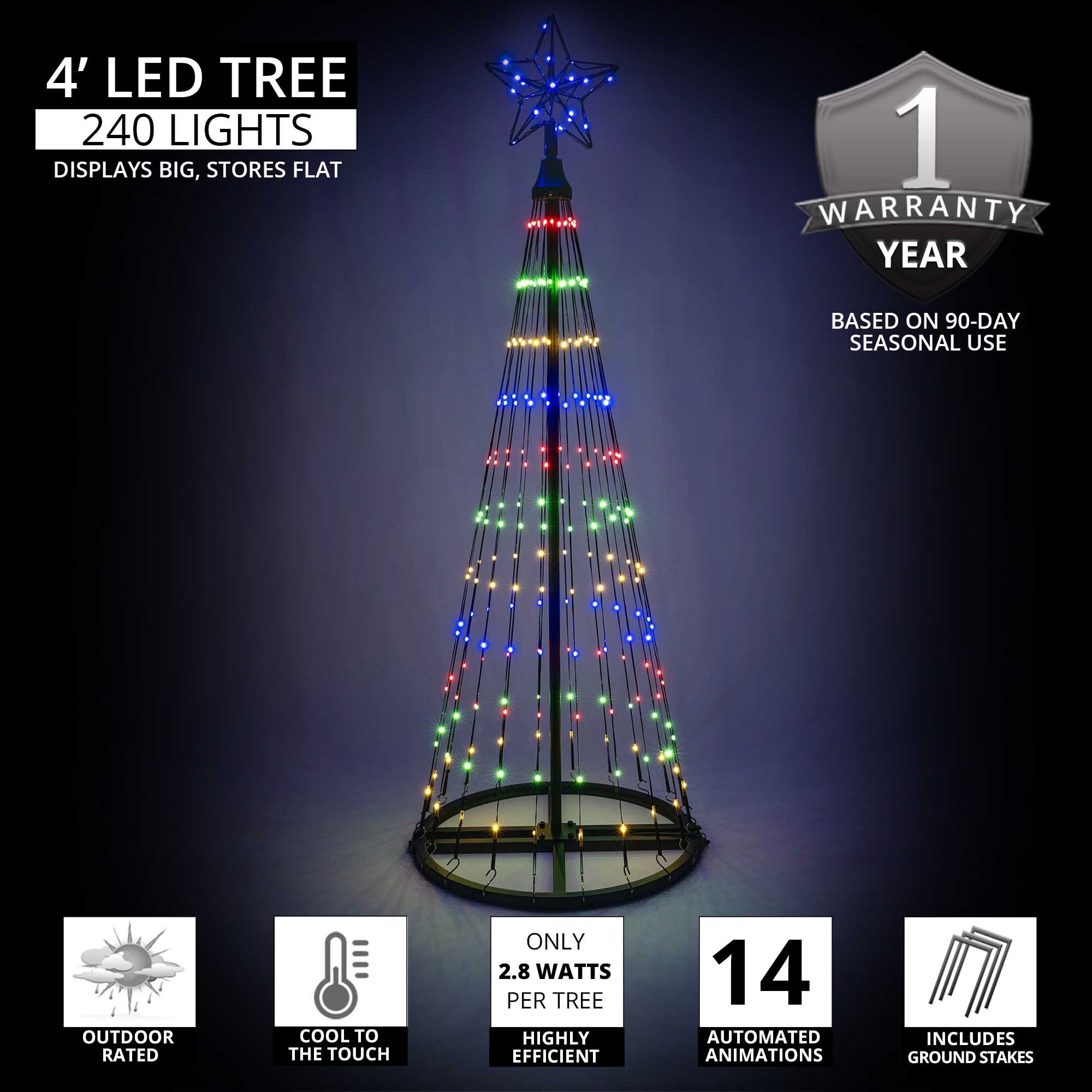 4' Multicolor LED Animated Outdoor Lightshow Tree, Black Frame