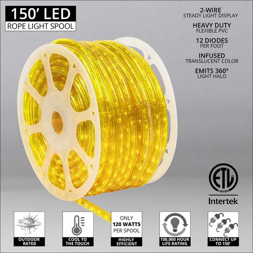 Led Rope Yellow 150' Yellow LED Rope Light, 2 Wire 1/2