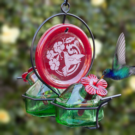 Bouquet Deluxe Red Medallion Glass Hummingbird Feeder