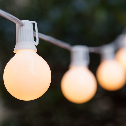 Globe String Lights, Opaque White G50 Bulbs, White Wire Yard Envy