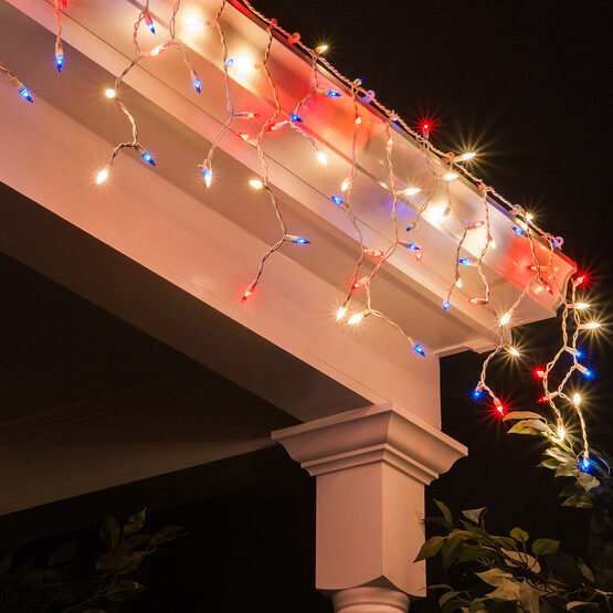 150 Icicle Lights, Red, White and Blue, White Wire