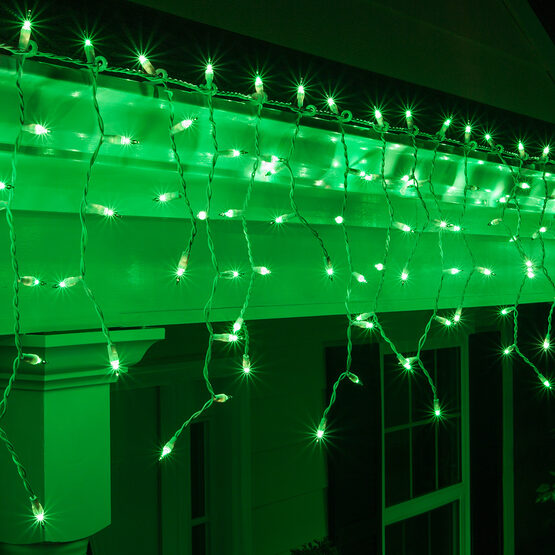 150 Icicle Lights, Green, White Wire
