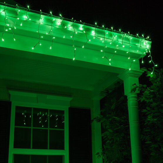 100 Icicle Lights, Green, White Wire