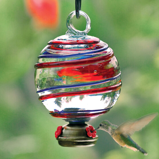 Blue and Red Stripe Dew Drop Glass Hummingbird Feeder