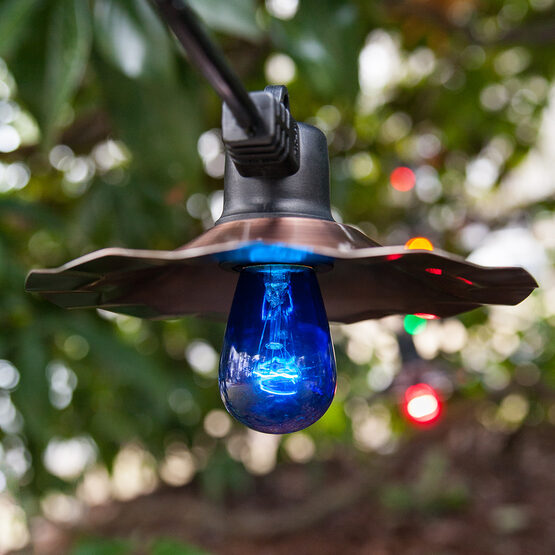 Cafe String Lights, Multicolor S14 Bulbs, Copper Shades - Yard Envy