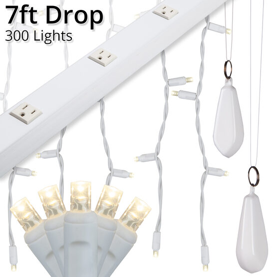 LED Curtain Lights, 7' Drops, Warm White 5mm Lights, White Wire