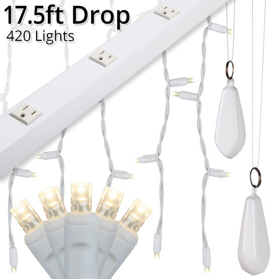 LED Curtain Lights, 17.5' Drops, Warm White 5mm Lights, White Wire
