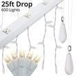 LED Curtain Lights, 25' Drops, Warm White 5mm Lights, White Wire