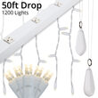 LED Curtain Lights, 50' Drops, Warm White 5mm Lights, White Wire