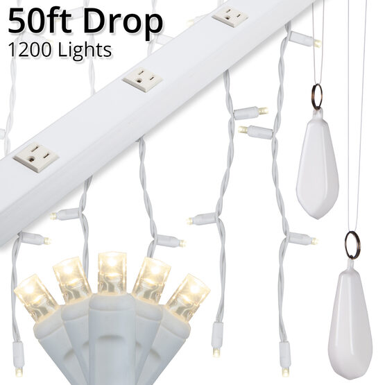 LED Curtain Lights, 50' Drops, Warm White 5mm Lights, White Wire
