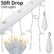 LED Curtain Lights, 50' Drops, Warm White 5mm Twinkle Lights, White Wire