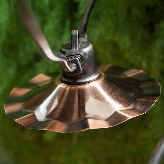 35' Cafe String Light Set, 7 Warm White G125 FlexFilament TM Glass LED Edison Bulbs, Black Wire, Copper Shades