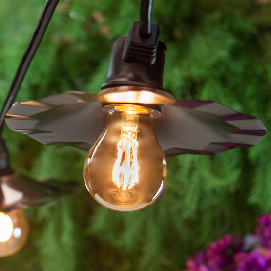 35' Cafe String Light Set, 7 Warm White A19 FlexFilament TM Antiqued Glass LED Edison Bulbs, Black Wire, Copper Shades