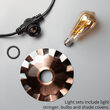 35' Cafe String Light Set, 7 Warm White ST64 FlexFilament TM 5W Antiqued Glass LED Edison Bulbs, Black Wire, Copper Shades