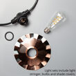 35' Cafe String Light Set, 7 Warm White ST64 FlexFilament TM 3W Glass LED Edison Bulbs, Black Wire, Copper Shades