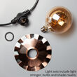 35' Cafe String Light Set, 7 Warm White G125 FlexFilament TM Antiqued Glass LED Edison Bulbs, Black Wire, Copper Shades