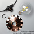 35' Cafe String Light Set, 7 Warm White G125 FlexFilament TM Glass LED Edison Bulbs, Black Wire, Copper Shades