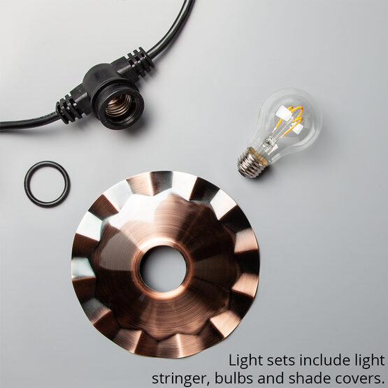 35' Cafe String Light Set, 7 Warm White A19 FlexFilament TM Glass LED Edison Bulbs, Black Wire, Copper Shades
