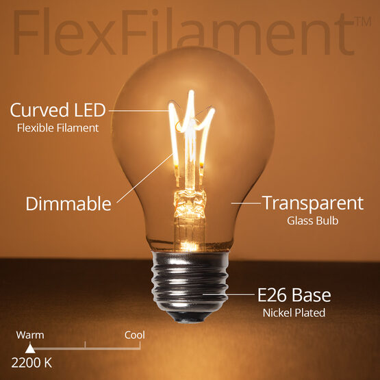 35' Cafe String Light Set, 7 Warm White A19 FlexFilament TM Glass LED Edison Bulbs, Black Wire, Copper Shades