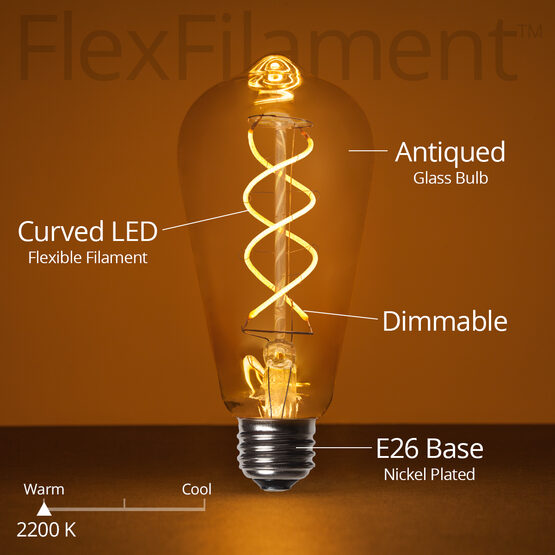 35' Cafe String Light Set, 7 Warm White ST64 FlexFilament TM 5W Antiqued Glass LED Edison Bulbs, Black Wire, Copper Shades