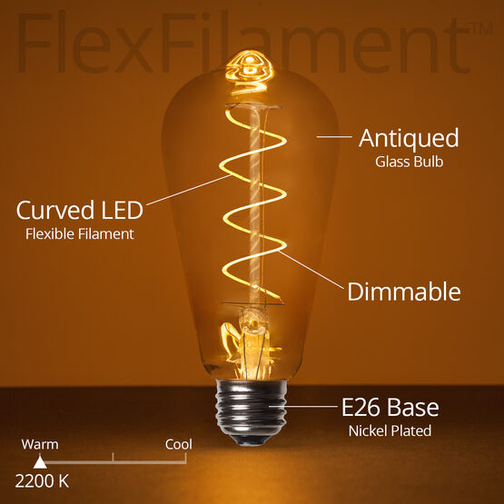 35' Cafe String Light Set, 7 Warm White ST64 FlexFilament TM 3W Antiqued Glass LED Edison Bulbs, Black Wire, Copper Shades