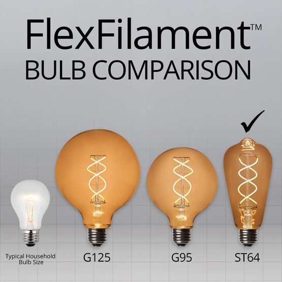 35' Cafe String Light Set, 7 Warm White ST64 FlexFilament TM 5W Glass LED Edison Bulbs, Black Wire, Copper Shades