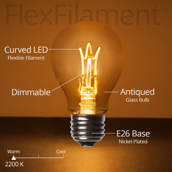 A19 FlexFilament TM LED Edison Light Bulb, Warm White Antiqued Glass