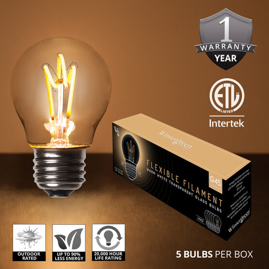 G45 120V Dimmable Globe Light FlexFilament TM LED Edison Light Bulb, Warm White Transparent Glass Medium Base