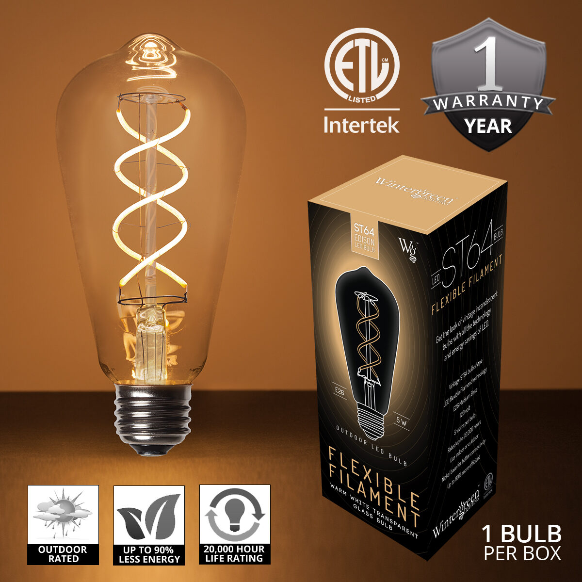 SYB　サイブ　W411V　3W　5W　7W　9W　　4点　FOURTEEN ST64 5W FlexFilament TM LED Edison Light Bulb, Warm White Glass