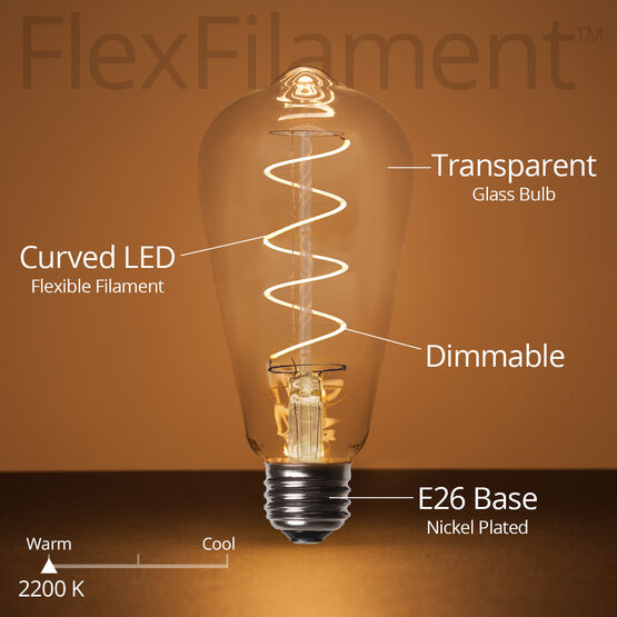 ST64 120V Dimmable Globe Light FlexFilament TM LED Edison Light Bulb, Warm White Glass Medium Base
