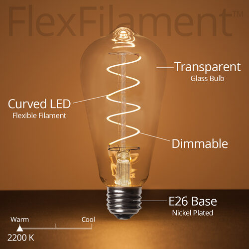 ST64 120V Dimmable Globe Light FlexFilament TM LED Edison Light Bulb, Warm White Glass Medium Base
