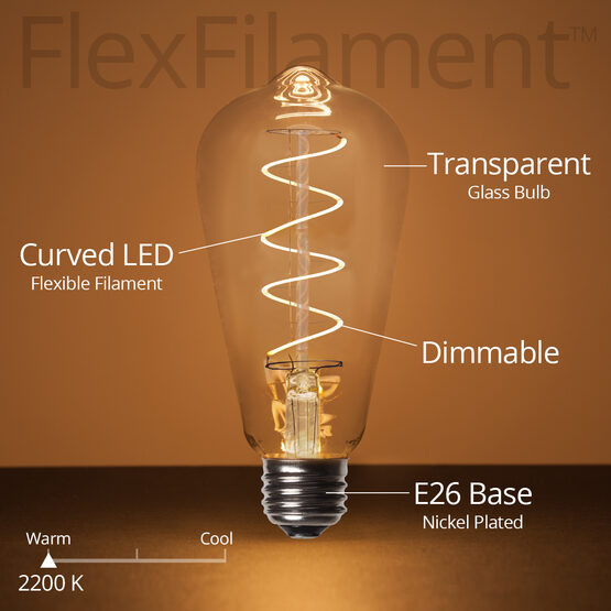 ST64 FlexFilament TM LED Edison Light Bulb, Warm White Glass