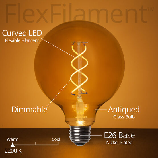 G125 Globe Light FlexFilament TM LED Edison Light Bulb, Warm White Antiqued Glass