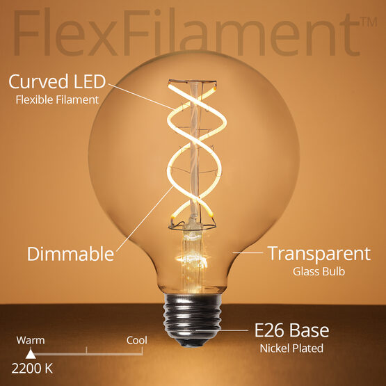 G95 Globe Light FlexFilament TM LED Edison Light Bulb, Warm White Transparent Glass