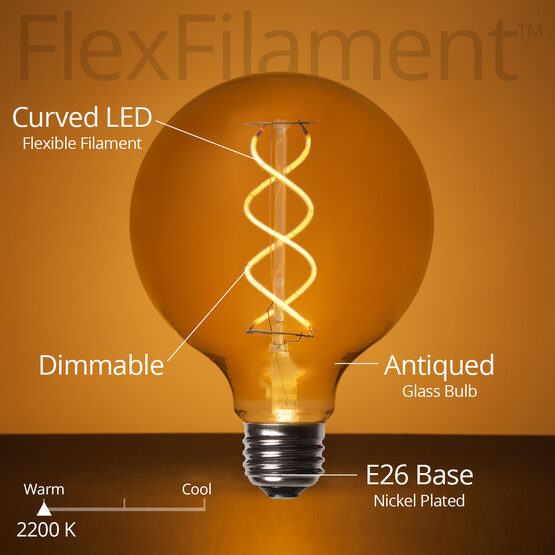 G95 Globe Light FlexFilament TM LED Edison Light Bulb, Warm White Antiqued Glass