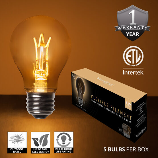 35' Cafe String Light Set, 7 Warm White A19 FlexFilament TM Antiqued Glass LED Edison Bulbs, Black Wire, Copper Shades