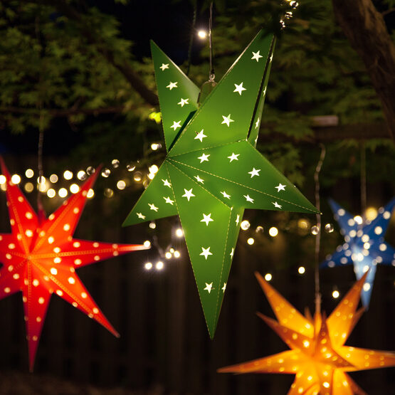 Battery Operated 18" Green Aurora Superstar TM 5 Point Star Lantern, Fold-Flat, LED Lights, Outdoor Rated