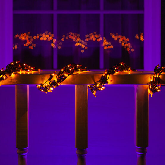 9' Halloween Garland Lights, 300 Amber Lamps, Black Wire