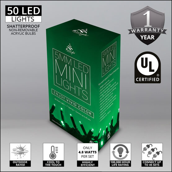 Green LED Christmas Lights, 50 ct, 5MM Mini