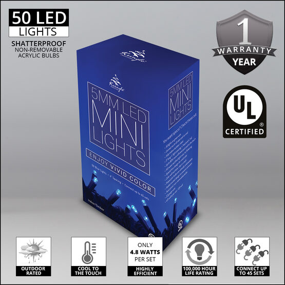 Blue LED Christmas Lights, 50 ct, 5MM Mini