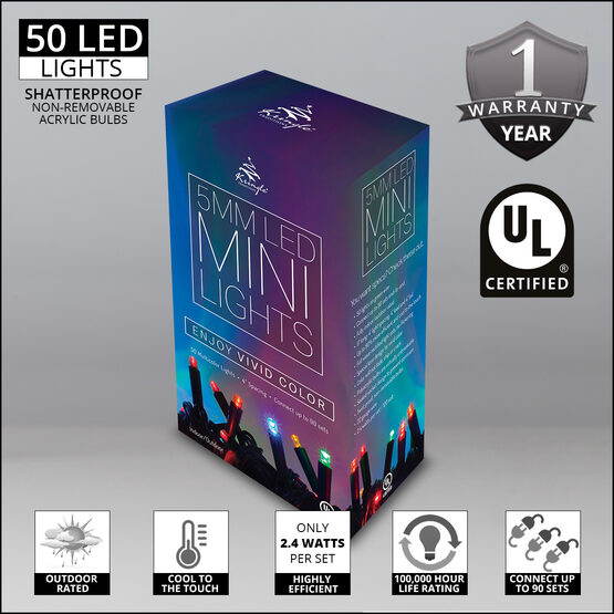 Multicolor LED String Lights, 50 ct, 5MM Mini