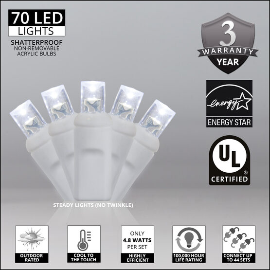 24' Wide Angle LED Mini Lights, Cool White, White Wire