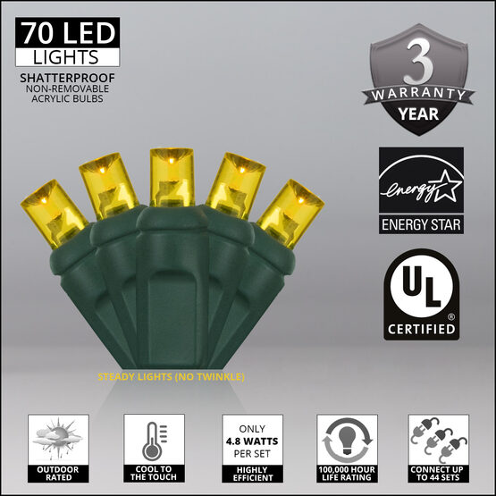 24' Wide Angle LED Mini Lights, Gold, Green Wire