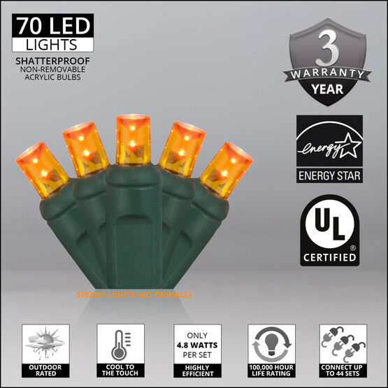 24' Wide Angle LED Mini Lights, Amber, Green Wire